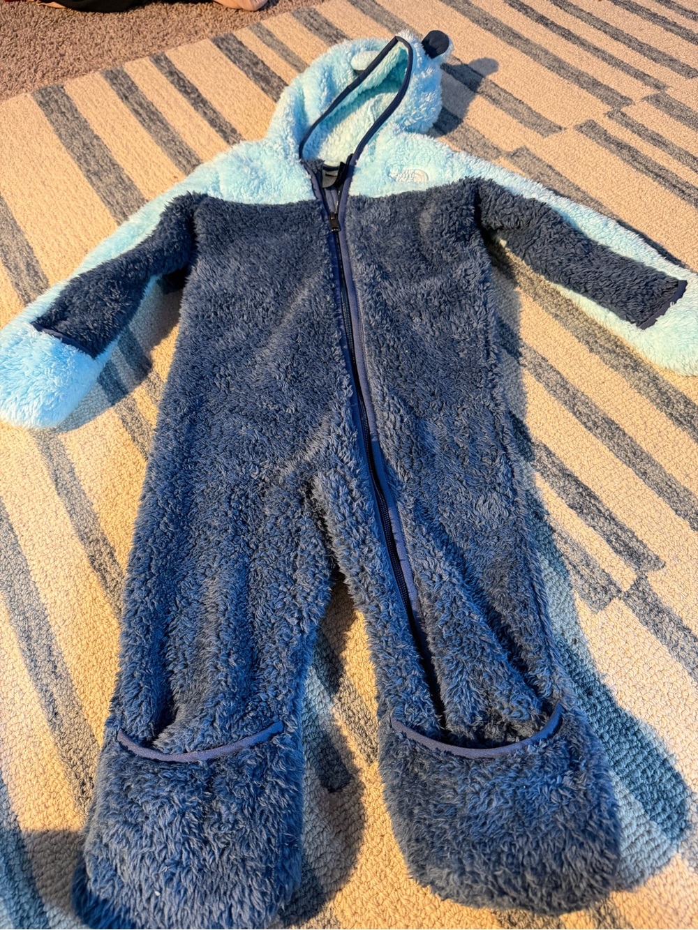 The North Face Kids Plush Hooded Footie - Dark Blue and Light Blue